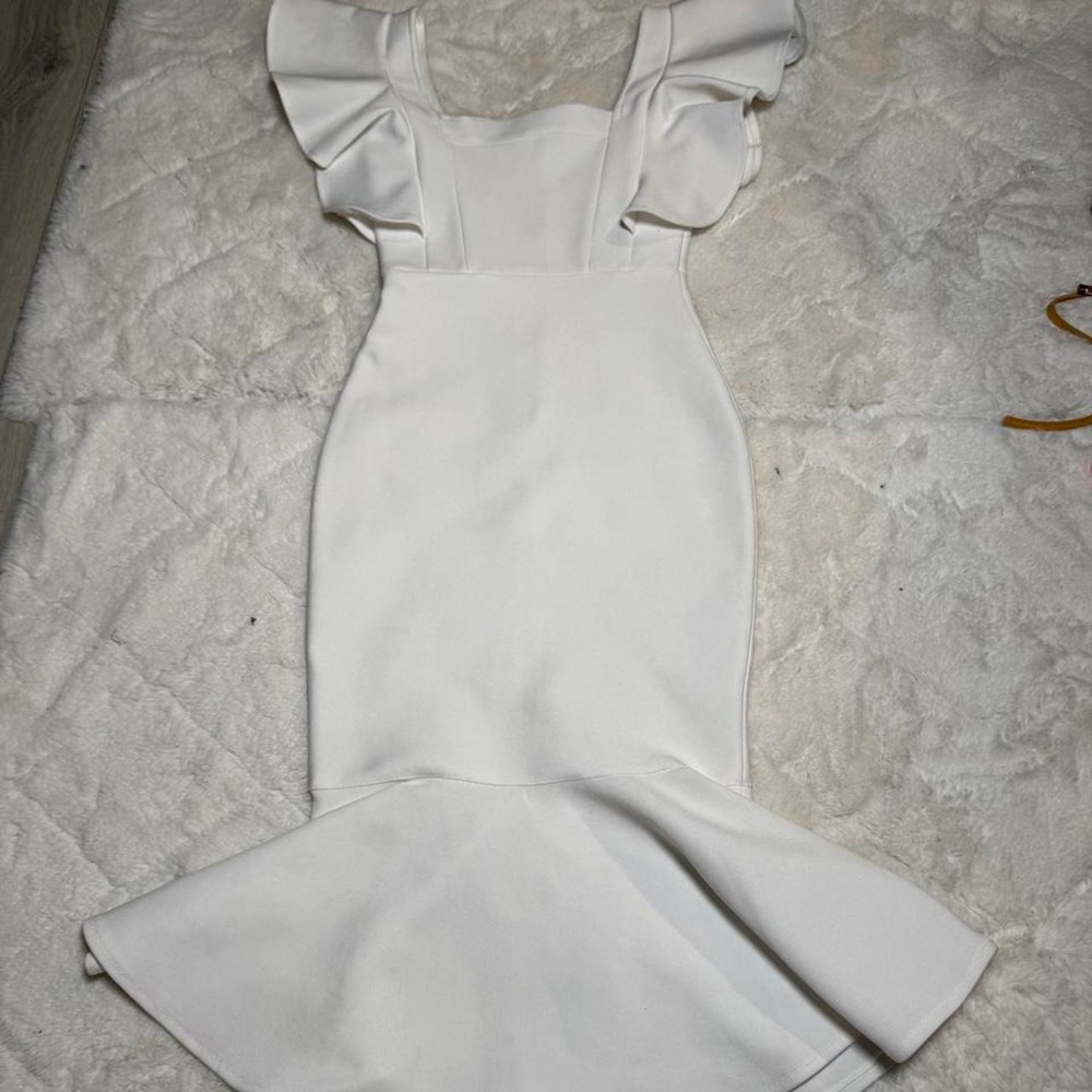 White Ruffle Sleeve Bandage Midi Dress Mermaid Hem Square Neck Formal Evening